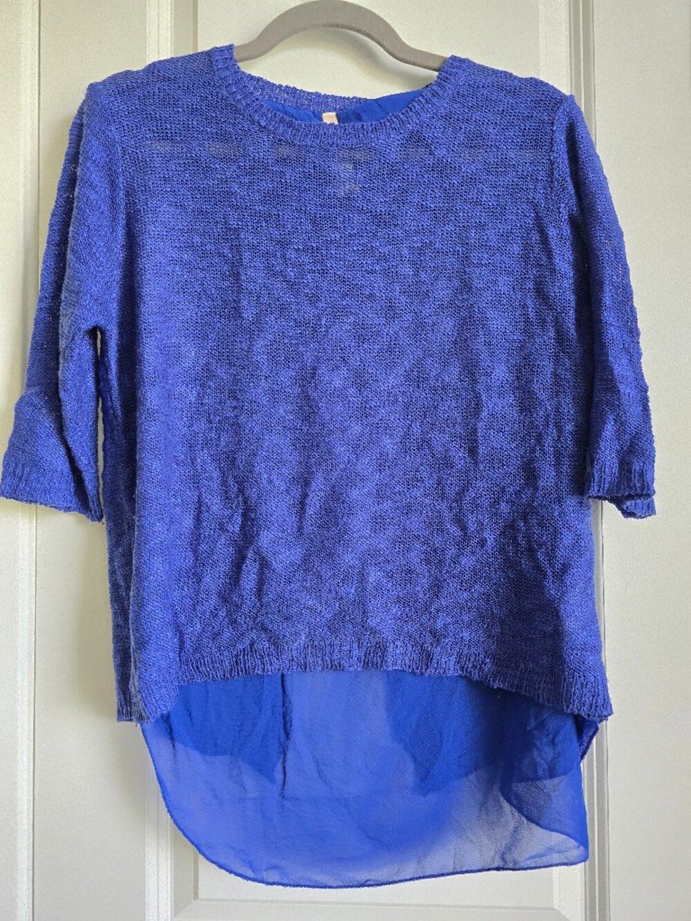 Blue Knit Hi-Lo Sweater with Sheer Chiffon Back